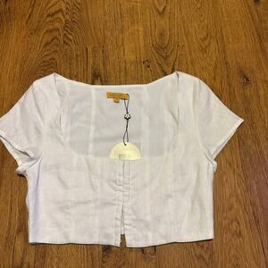 VRG GRL white linen crop short sleeve top blouse lined size 6 NWT